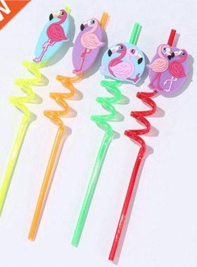 4PCS Ctoon Flamingo Straw Smoothie Drinking Plastic Straws