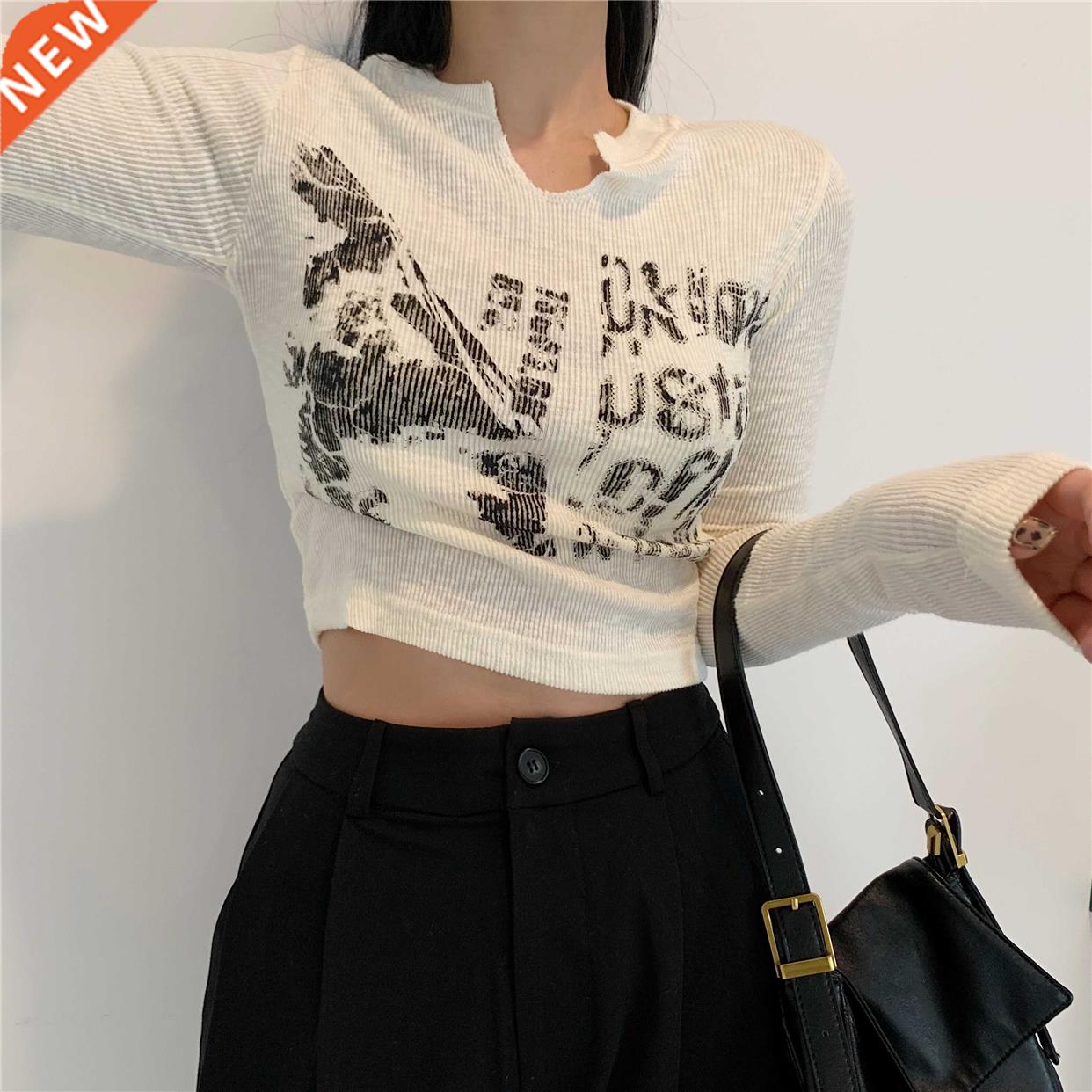 Long sleeve Cropped Top Grunge Clothes Vintage Letter T-shir