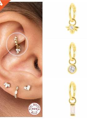 Piercing Aretes Earlobe Buckle 925 Sterling Silver White Zir