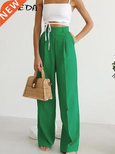High Elegant Leg Wide Waist Green Pants Long Casual Women