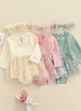 0-18M Baby Girls 2Pcs Fall Outfits Long Sleeve Rib Knit Romp