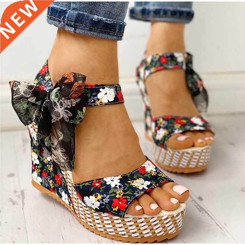 KAMUCC Summer Beach Boho Floral Wedge Sandals Women Ankle St