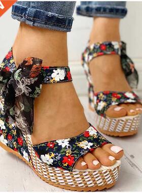 KAMUCC Summer Beach Boho Floral Wedge Sandals Women Ankle St