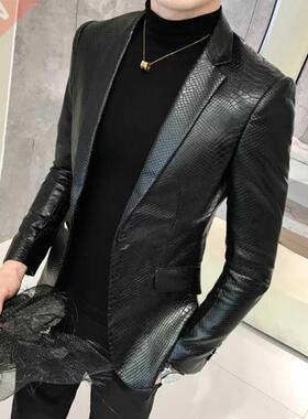 Men Suit Black Slim Fit Blazer Hombre PU Leather Jacket Male