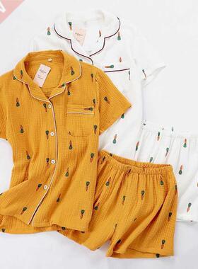 Women Pajamas Set Summer Comfort Gauze Cotton Turn-down Coll
