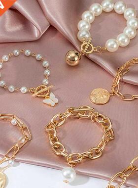 Punk 2021 Gold Color Charm Chain Bracelets For Women Pearl C