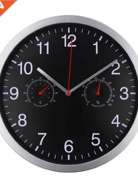 Metal Silent Quartz Wall Clock Quiet Sweep Movement Thermome