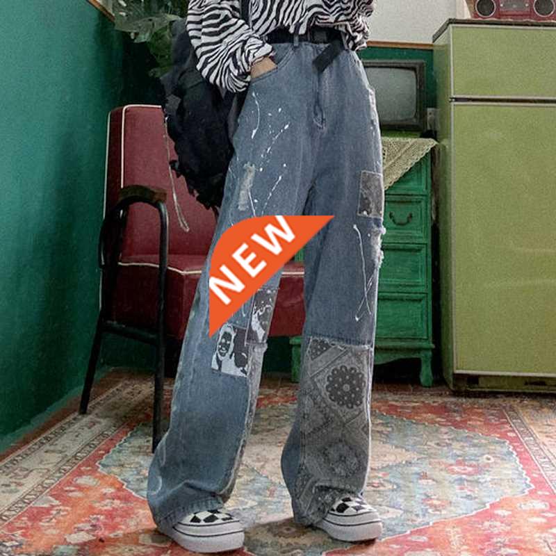 Retro Womens High Waist Wide Leg Pants Stitching Jeans Stree
