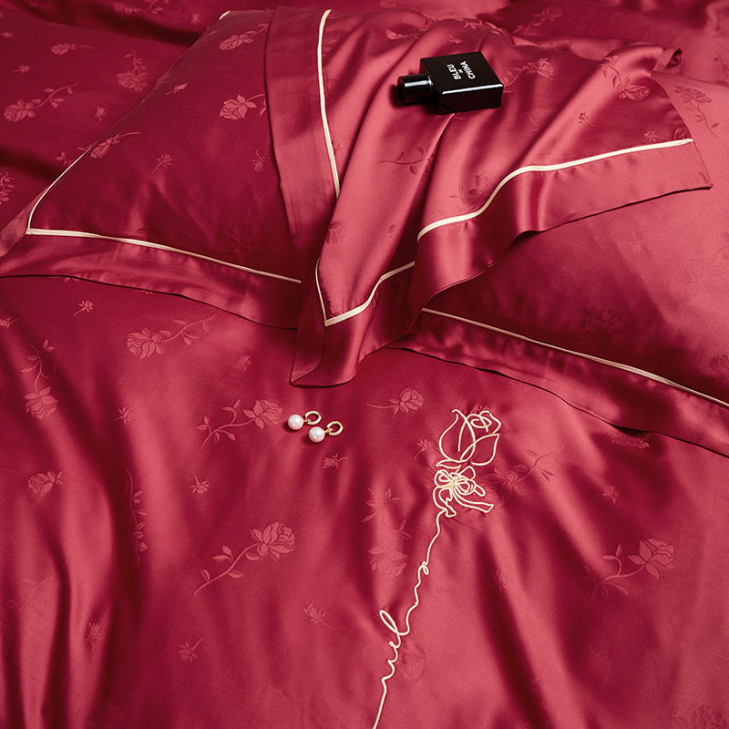 天丝婚庆四件套 60支LF级兰精天丝结婚提绣花酒红色结婚床上用品
