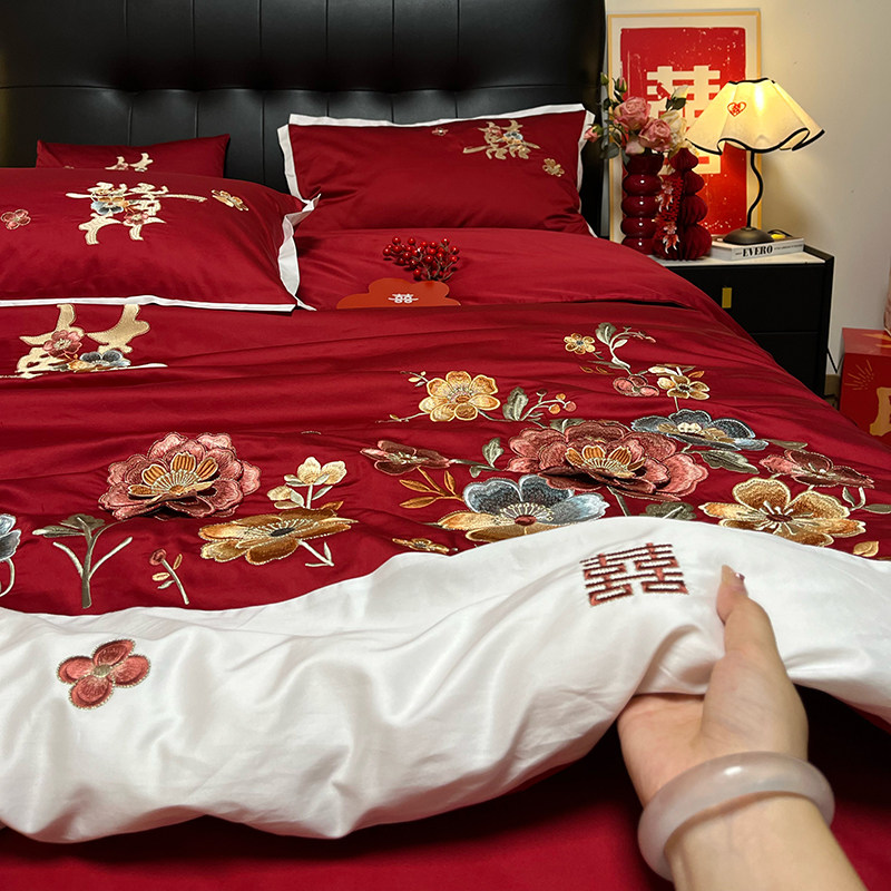 花团锦簇 红色贡缎婚庆四件套全棉纯棉绣花牡丹新婚结婚床上用品