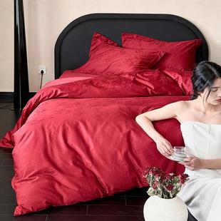 花鸟提花 红色婚庆四件套纯棉全棉长绒棉新款轻奢高级感被套床单