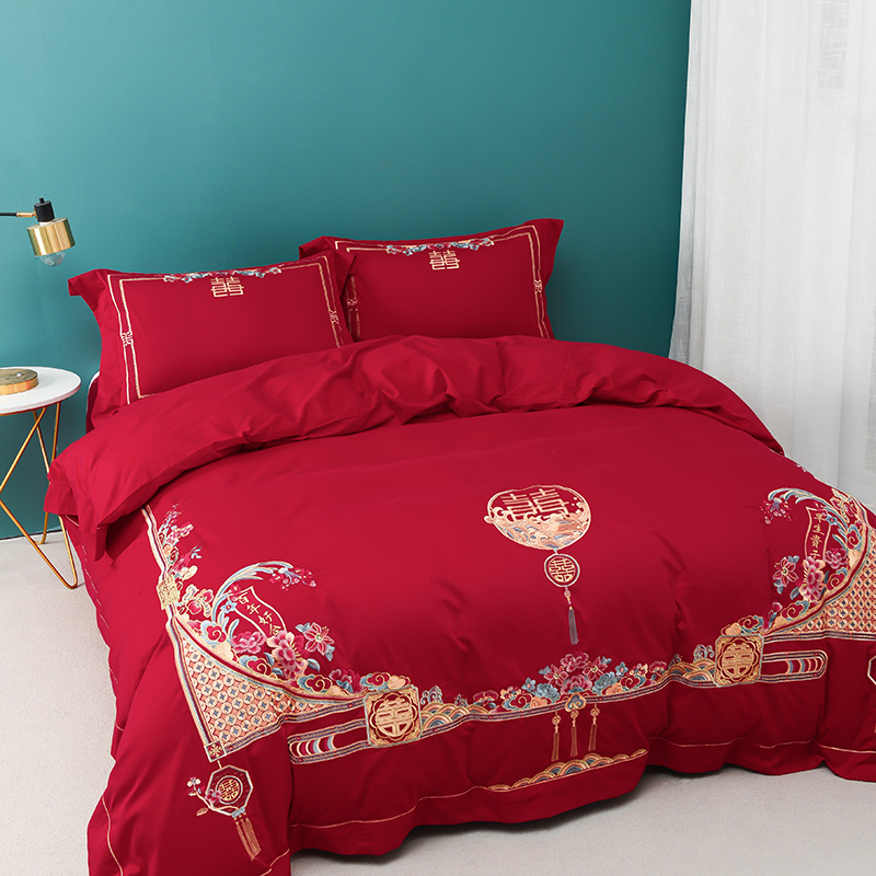 冬季结婚 100支全棉磨毛婚庆四件套纯棉绣花中式暖大红色床上用品