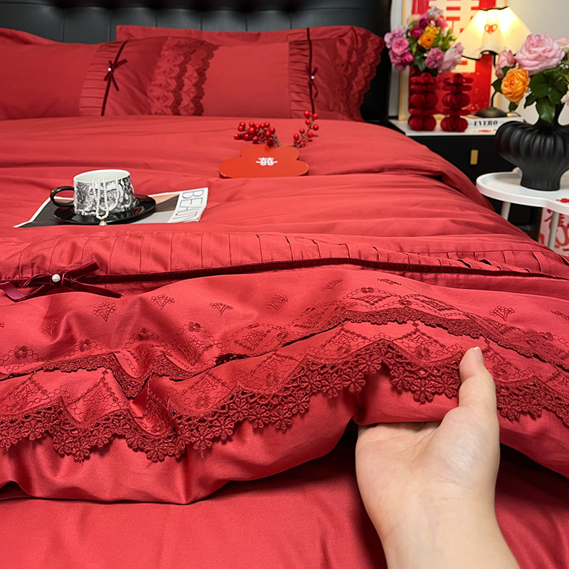 浪漫蕾丝复古婚庆全棉四件套纯棉优雅红色结婚新居床上用品