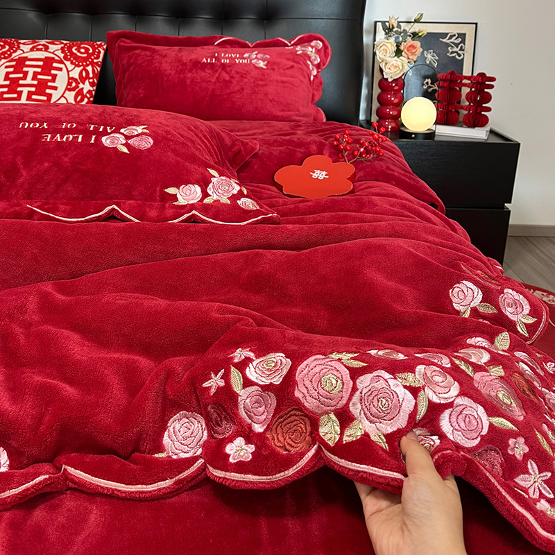 秋冬结婚 浪漫玫瑰牛奶绒婚庆绣花花卉冬季婚礼床上用品