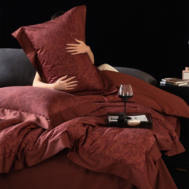 欧式轻奢印花长绒棉100纯棉四件套红色婚庆结婚全棉被套床上用品