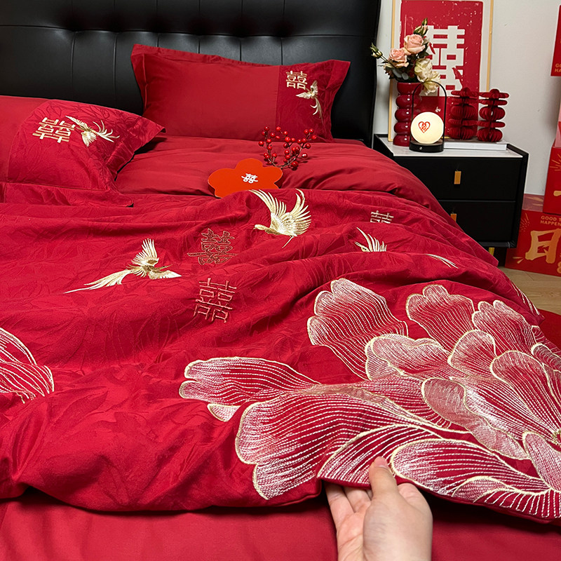 新中式国花 牡丹绣花提花四件套结婚婚礼喜字全棉纯棉床上用品
