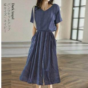 夏季新款日式外贸韩版简约松紧腰短袖宽松显瘦短袖连衣裙套装女