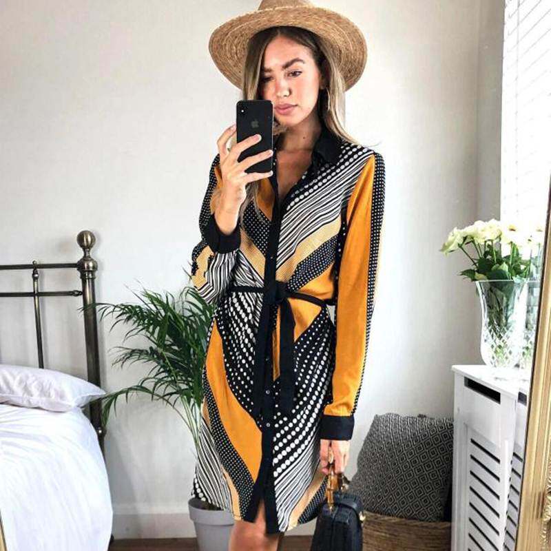 秋季新款女装显瘦碎花长袖衬衣中裙时尚休闲绑带翻领收腰连衣裙