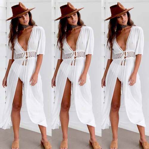 Women Beach Bikini Cover Up dresss跨境沙滩白色长款比基尼罩衫