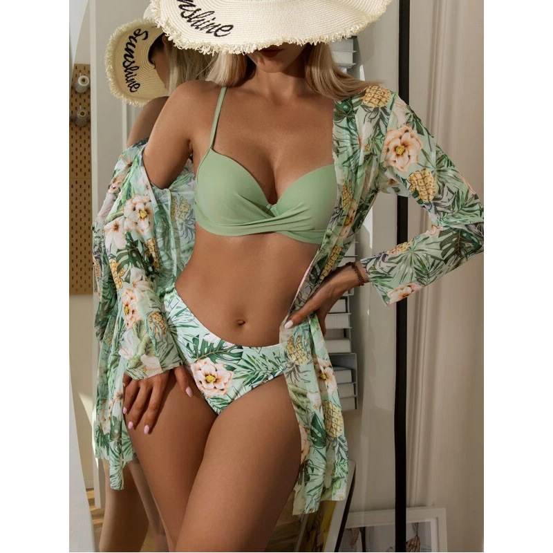 欧美女士绿叶印花三件套泳衣性感比基尼Backless bikini swimsuit