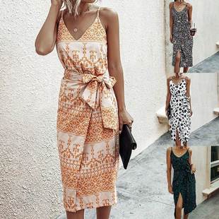 Sexy 印花连衣裙V领高开叉不规则吊带裙 Dresse欧美跨境性感中长款