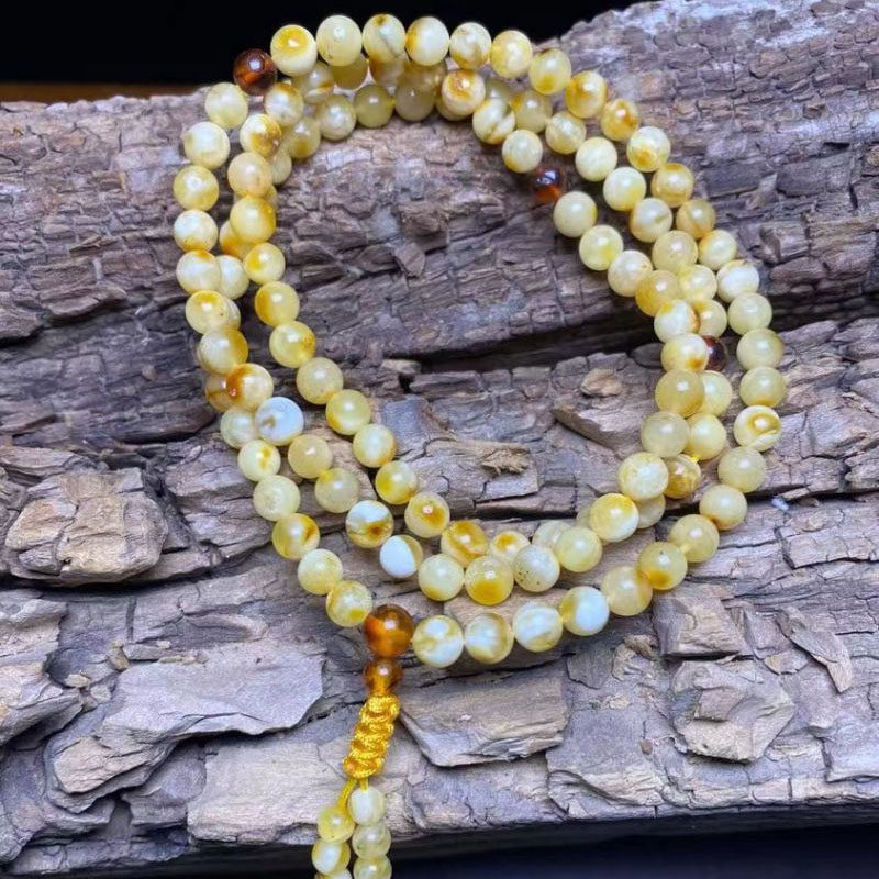 保真现货天然俄料白花蜜手链项链108颗搭配血珀配珠情侣款民族风