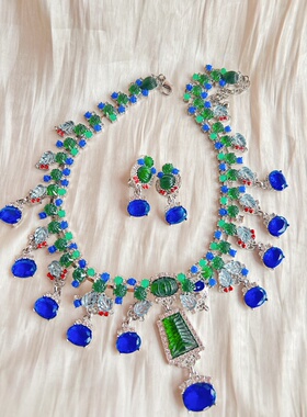 中古款蓝色莱茵石夸张项链