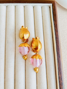 中古vintage美轮美奂粉色吊坠金色郁金香花朵耳环无耳洞耳夹
