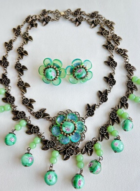 绿色重工玫瑰花宫廷琉璃项链