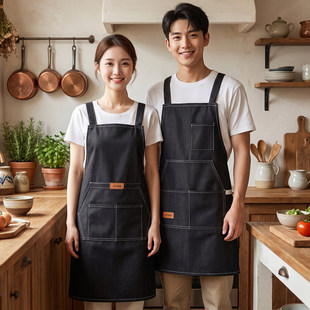 牛仔布围裙透气背带厨房家用背带工作服男女款做饭可调节时尚防油