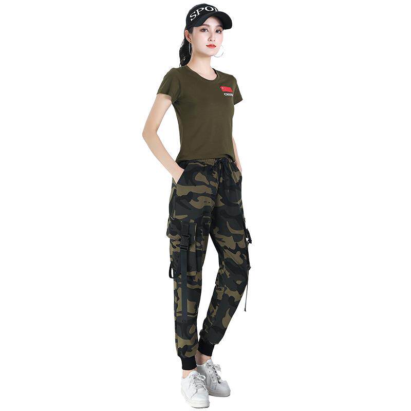 特价杨丽萍广场舞运动装新款军绿色t恤女迷彩工装裤套装水兵舞演