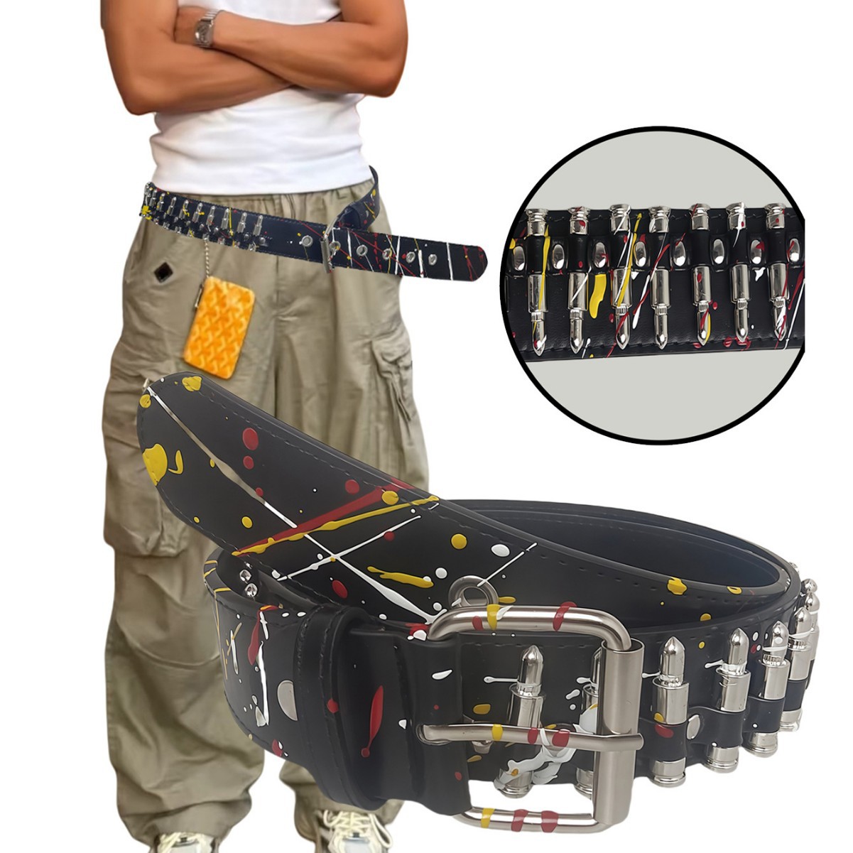 manjusaka 美式子弹头个性腰带新款彩色印花不规则朋克装饰裤腰