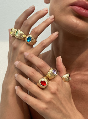 manjusaka欧美前沿风尚！高级感戒指,几何镶钻宝石配液态合金套装