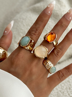 manjusaka欧美前沿时尚!轻奢风亚克力戒指合金镶嵌不规则新品