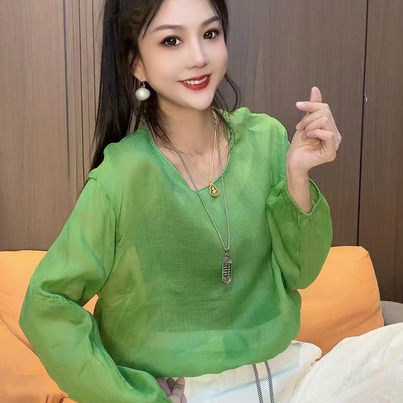 欧货2026新款高品质苎麻衬衫女时尚百搭圆领宽松后背系带长袖上衣