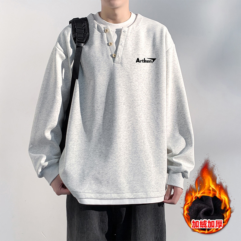 美式V领假两件加绒卫衣男