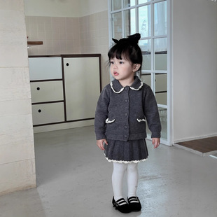 秋冬ins女童圣诞毛衣套装 上衣＋短裙2件 女宝撞色翻领手钩新年服