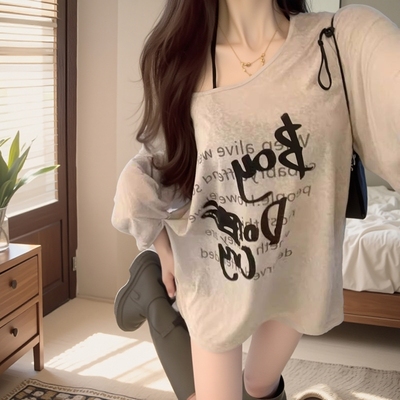 美式慵懒风字母印花防晒罩衫长袖t恤女夏季薄款宽松显瘦辣妹上衣