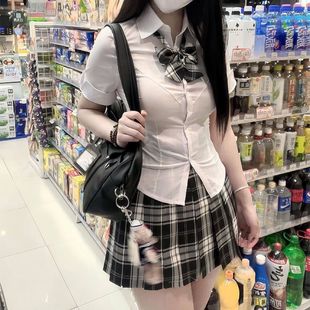 甜辣原创jk制服夏季 女 百褶格裙收腰显瘦百搭辣妹纯欲衬衫 格裙套装