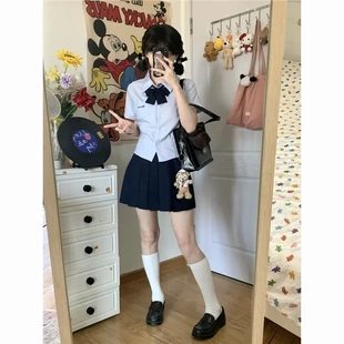 爆款原创jk制服衬衫泰式校服蓝色上衣夏季短袖修身收腰衬衣套装
