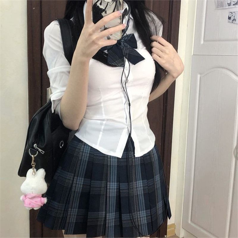 原创jk收腰长袖JK制服衬衫套装学院正版高腰百褶裙半身裙衬衣夏季