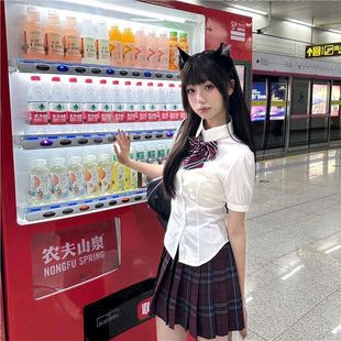 纯色百搭绑带上衣红格子裙短裙学院风 泡泡袖 JK制服短袖 衬衫 女夏季