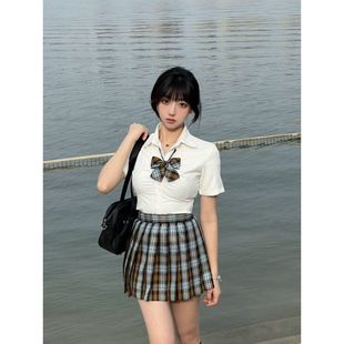 秋刀鱼JK制服格裙百褶裙原创夏季 女 学院风褶皱白色收腰短袖 衬衫