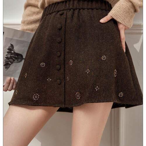 刺绣毛呢半身裙女2026春