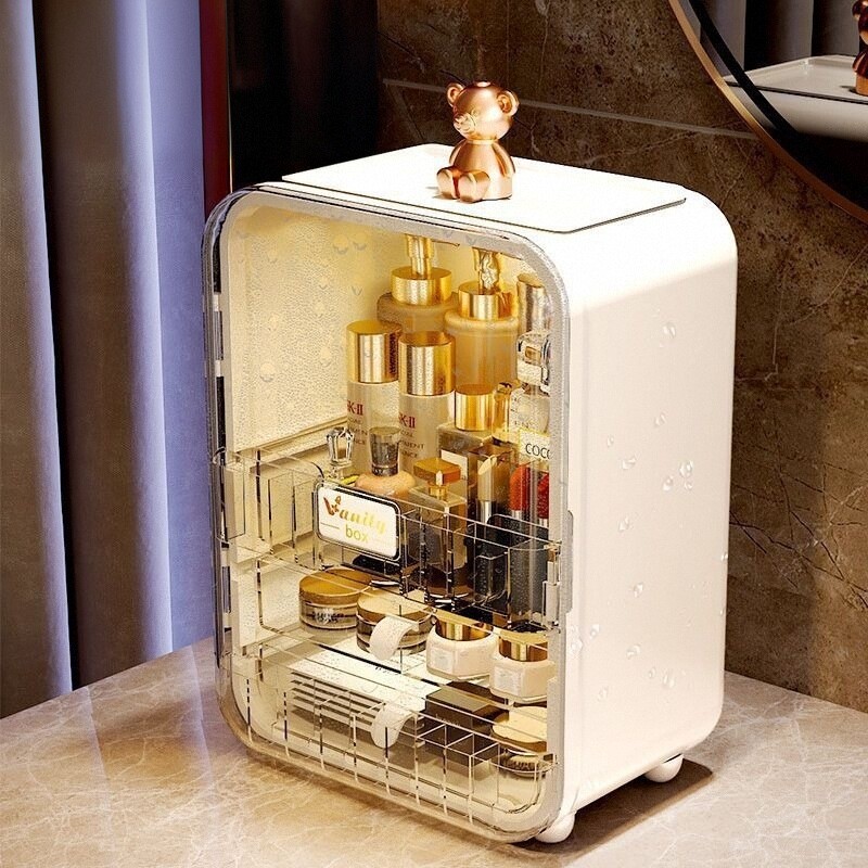 化妆品收纳盒带镜子桌面防尘大容量护肤品收纳箱梳妆台一体置物架