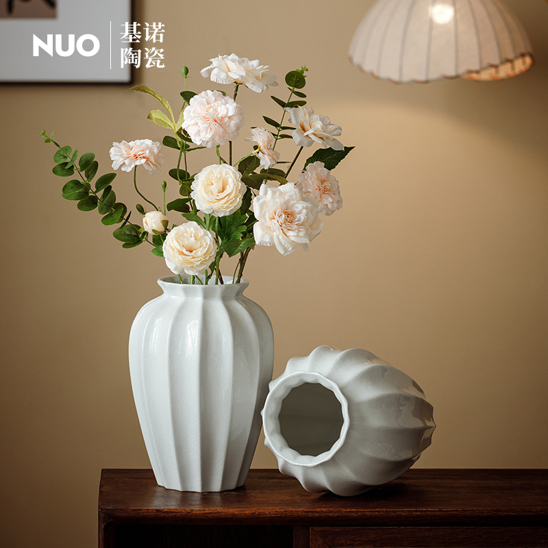 景德镇陶瓷冰裂釉花瓶干插花简约现代白色陶罐水培鲜花餐桌装饰品