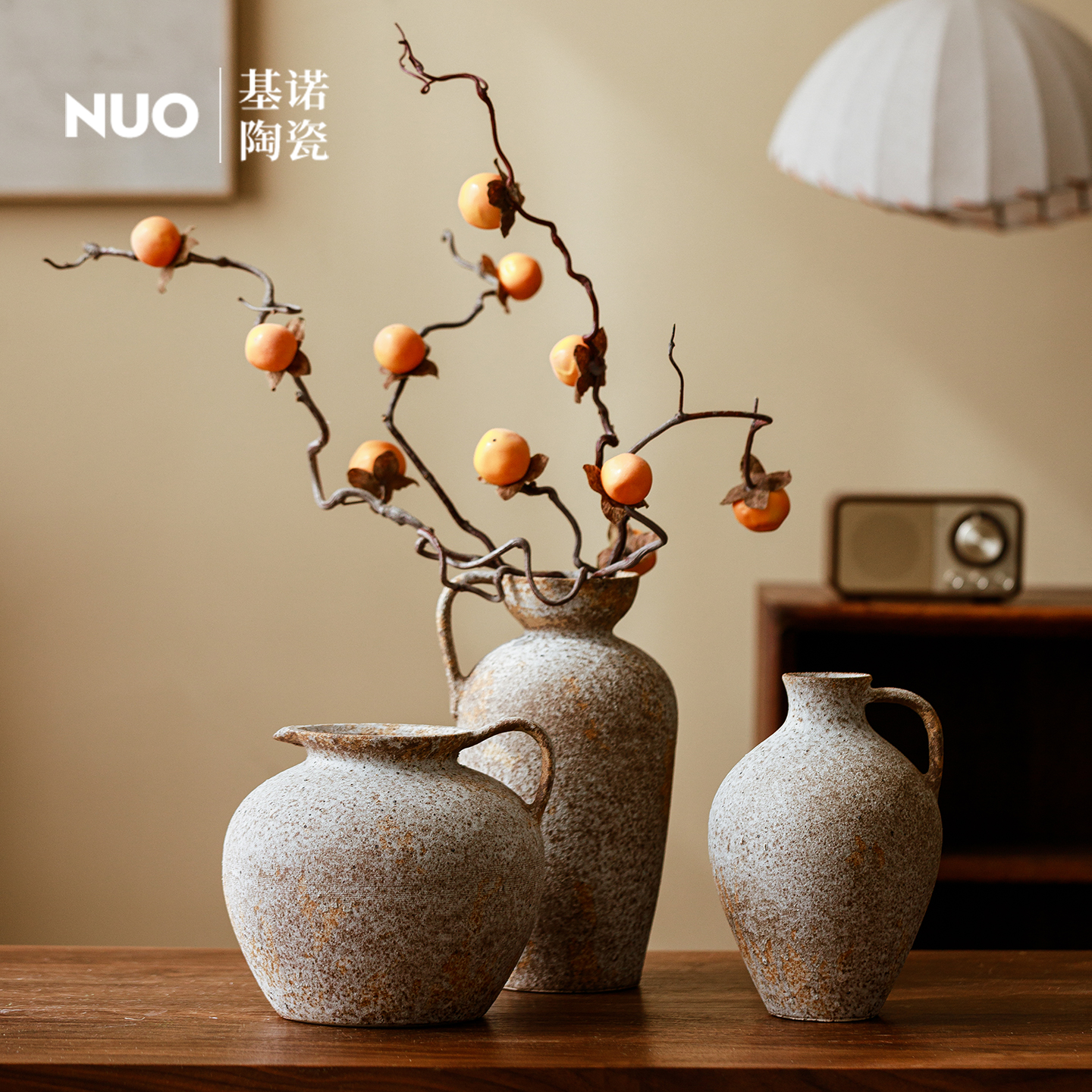 景德镇复古粗陶陶罐干插花器侘寂风带把提壶陶瓷花瓶桌面装饰摆件