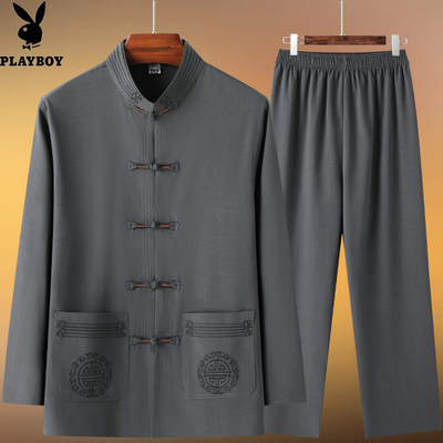 花花公子棉麻唐装套装