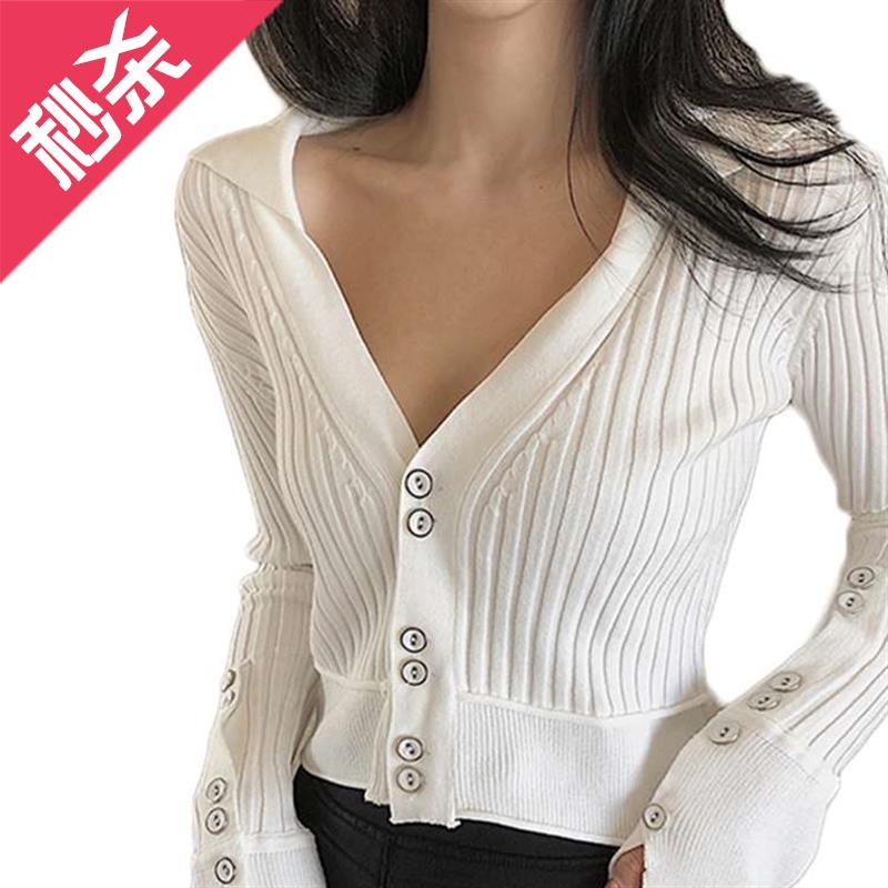 Large size knitted cardigan womens 2020 spring Korean version of the slim v collar with long-sleeved flip-fwring button-down sleeves a bottom top