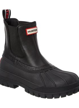 代购Hunter男士雪地靴防水防滑轻便透气黑色皮革橡胶底弹力侧边